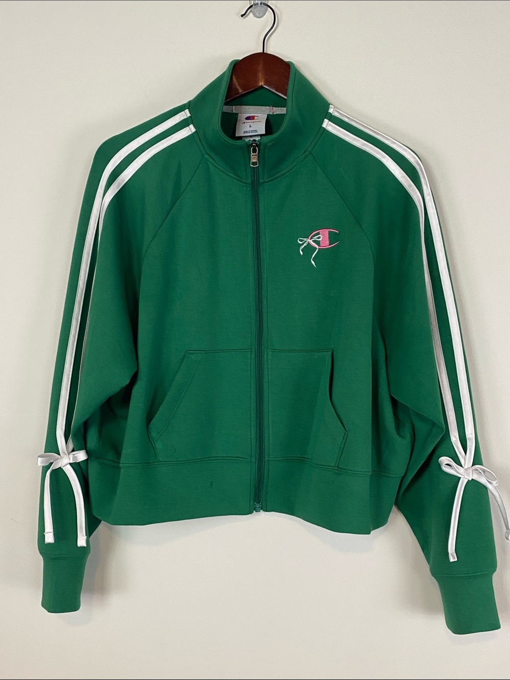 Champion Green Full-Zip Varsity Jacket with White Stripes and bows